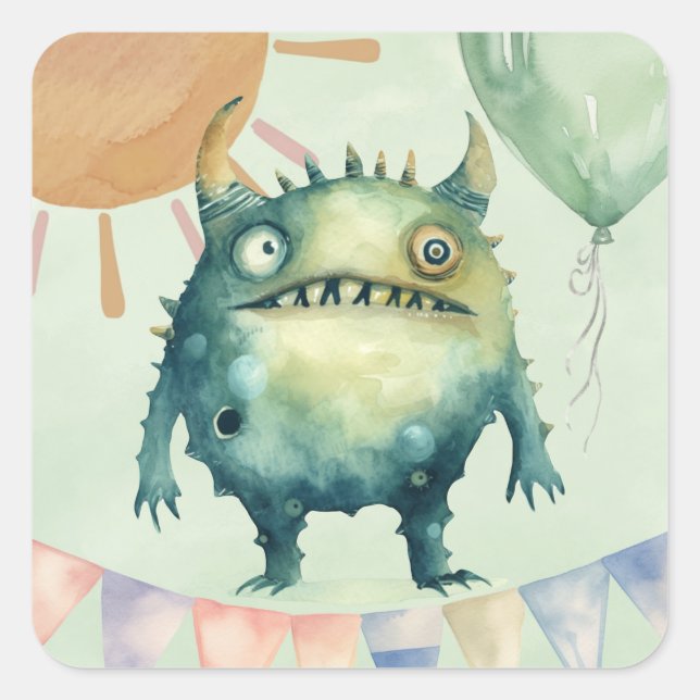 Boo, ich wende zwei! Monster Boy Birthday Party Quadratischer Aufkleber (Vorderseite)