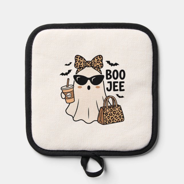 Boo Jee Geist Halloween Leopard Schleife Vektor De Topflappen (Vorderseite)