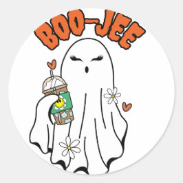 Boo-Jee Halloween-Geist mit Iced Kaffee in der Han Runder Aufkleber
