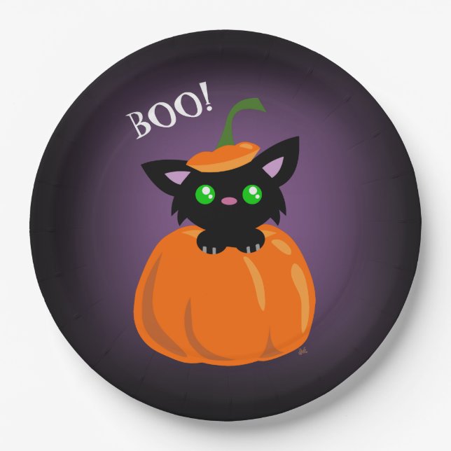 BOO! Katze in einem KürbisHalloween-Papierplatte Pappteller (Vorderseite)