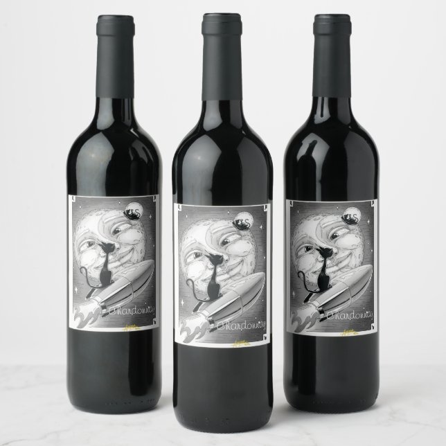 Boo Kitty Rockets zum Moon Wine Label Weinetikett (Flaschen)
