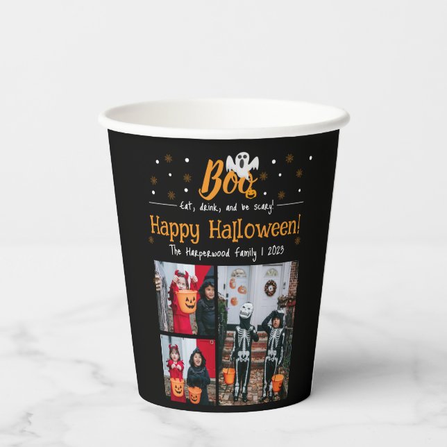 Boo-Kürbiskürbis-Jack-o-Laterne Halloween FotoColl Pappbecher (Rückseite)