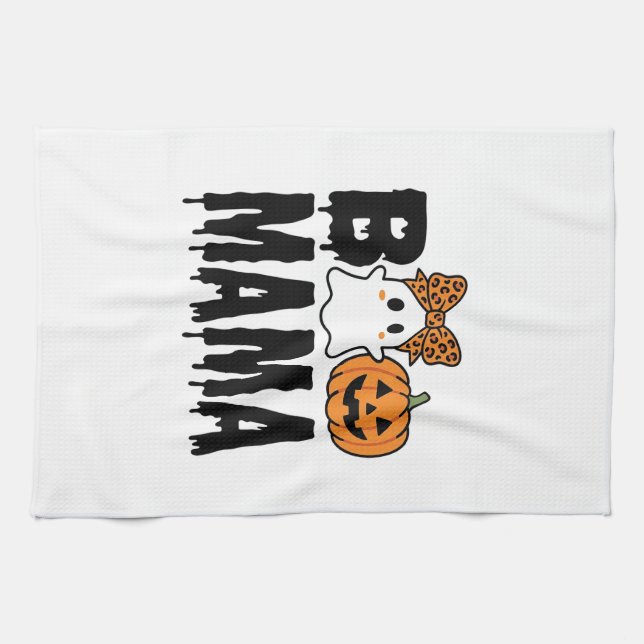 Boo Mama Halloween-Geist-Kürbis-Bogen-Design Geschirrtuch (Horizontal)