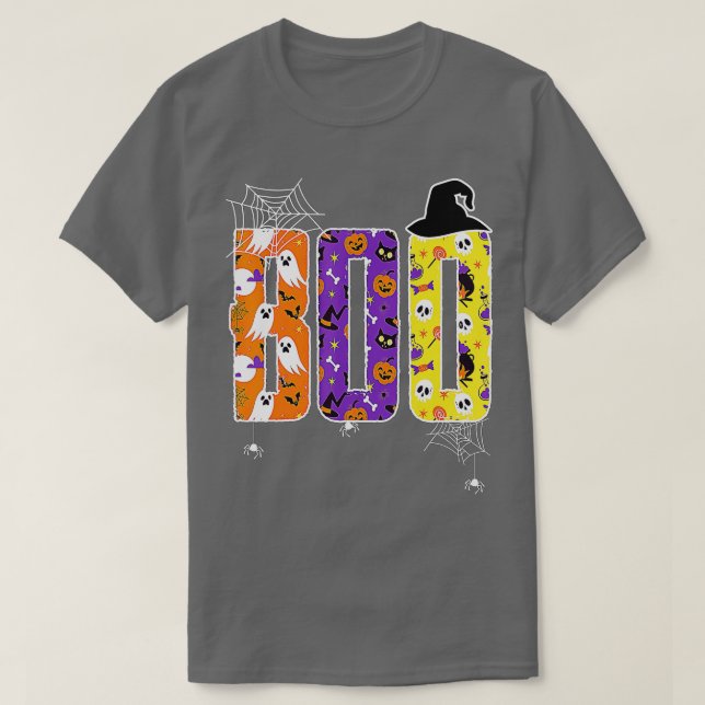 Boo mit Spinnen und Hexenhut Funny Halloween Fiebe T-Shirt (Design vorne)