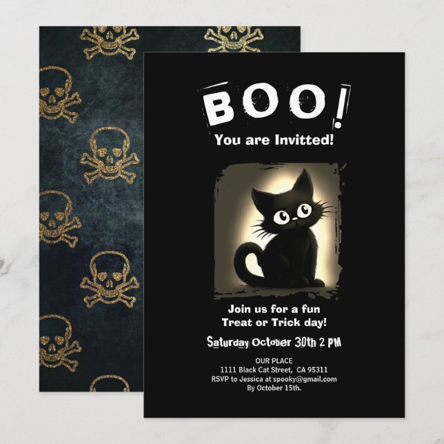 Boo Niedlich Black Cat Halloween-Party Einladung (Vorne/Hinten)