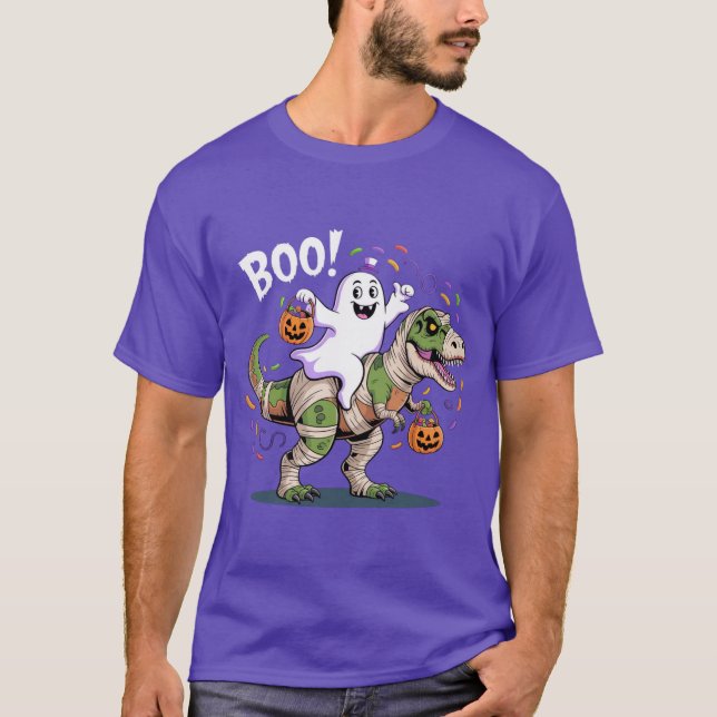 Boo! Niedlich Ghost Riding Mummy T-Rex Halloween T-Shirt (Vorderseite)