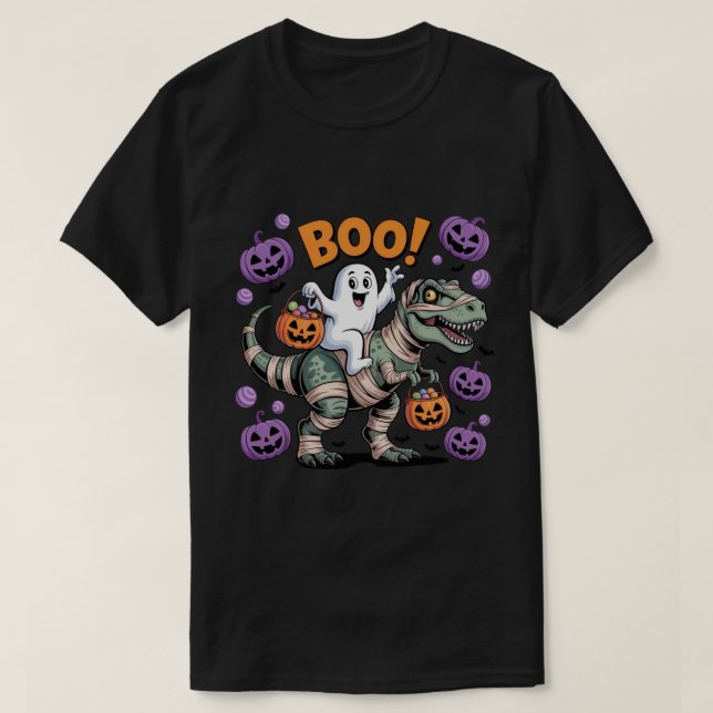 Boo! Niedlich Ghost Riding Mummy T-Rex mit Pumpkin T-Shirt (Design vorne)