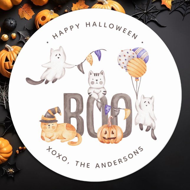 Boo Niedlich Kid's Cats Ghosts Pumpkin Happy Hallo Runder Aufkleber (Von Creator hochgeladen)