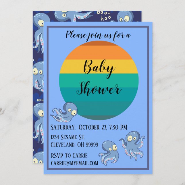 Boo Octopus Blue Retro Baby Dusche Einladung (Vorne/Hinten)