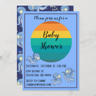 Boo Octopus Blue Retro Baby Dusche Einladung
