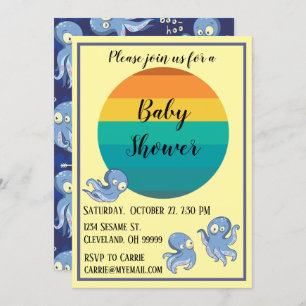 Boo Octopus Blue Retro Baby Dusche Einladung