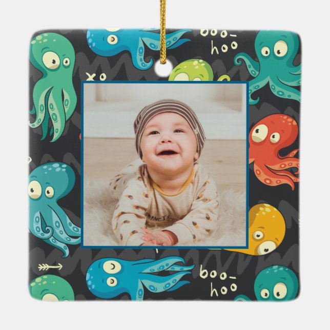 Boo Octopus Niedlich farbenfrohe Kinder Personalis Keramikornament (Rückseite)