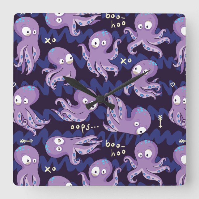 Boo Octopus Niedliche Lila Kinder Kleidung & Dekor Quadratische Wanduhr (Vorderseite)