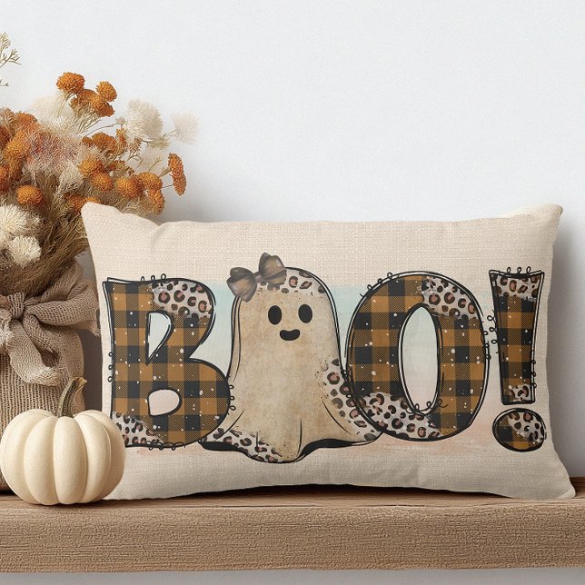 Boo Orange Black Kariert Halloween Lendenkissen (Cute but Spooky Ghost Halloween Pillow)