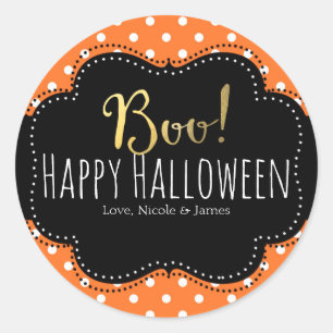 BOO! Orange und weiße Punkte Halloween Favorit Runder Aufkleber