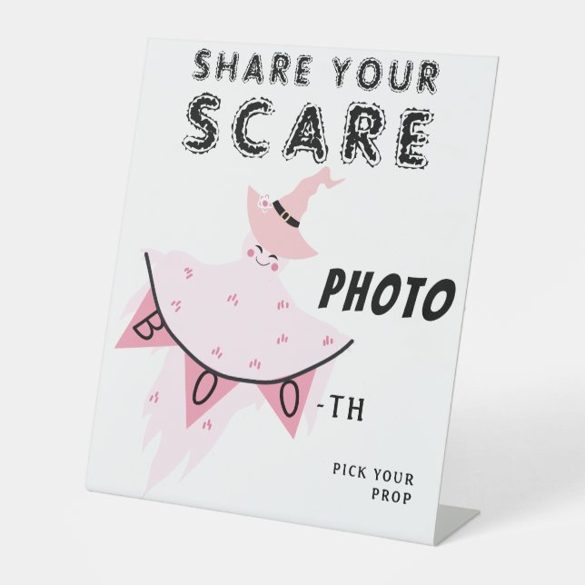 Boo Pink Ghost Pastel Halloween Deco Foto Stand Sockelschild (Vorderseite)