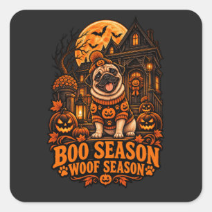 Boo-Saison Woof-Saison Mops Halloween-Kürbis-Schwi Quadratischer Aufkleber