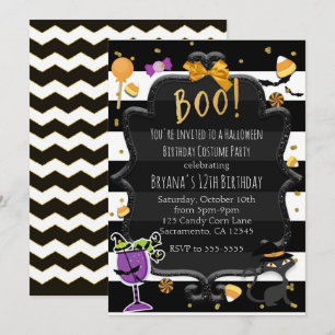 BOO! Schwarz-Weiß gestreifte Halloween-Süßigkeiten Einladung