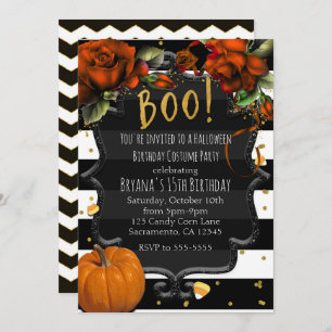 BOO! Schwarz-weiße gestreifte Rosen u. Kürbis Einladung