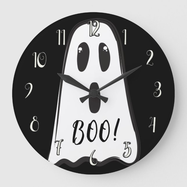 BOO! Spooky Cute Ghost Halloween Black White Große Wanduhr (Vorderseite)