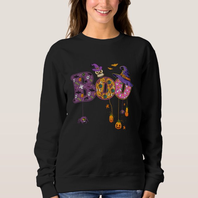 Boo Witch Hat Owl Spiders Bat Pumkin Funny Hallowe Sweatshirt (Vorderseite)