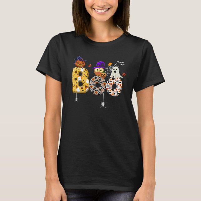 Boo With Spiders And Pumpkin Witch Hat Cute Ghost  T-Shirt (Vorderseite)