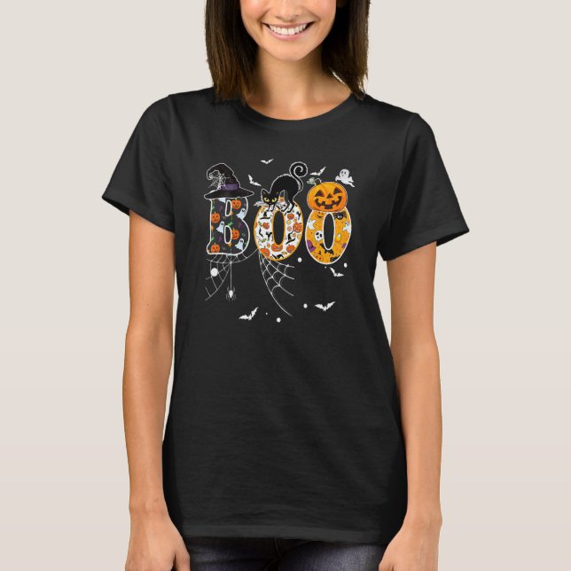 Boo With Spiders And Witch Hat Black Cat Pumpkin H T-Shirt (Vorderseite)