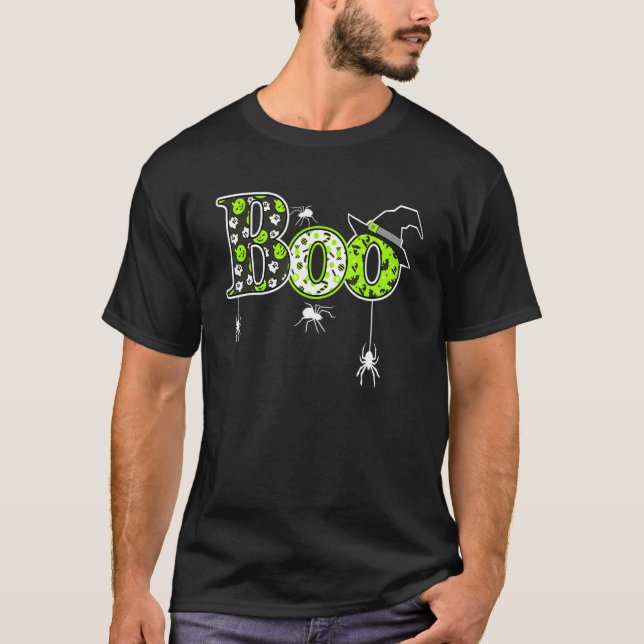 Boo With Spiders And Witch Hat Halloween T-Shirt (Vorderseite)