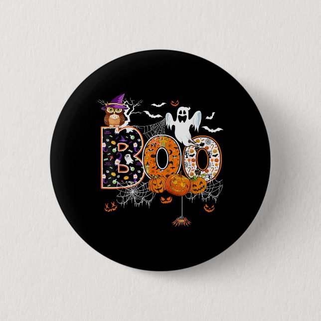 Boo y Eule Kürbis Geist Halloween Männer Frauen Ki Button (Vorderseite)