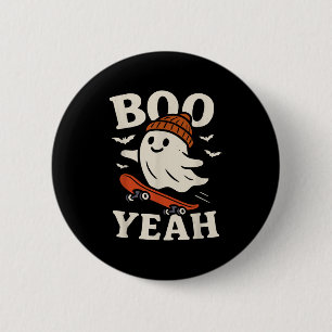 Boo Yeah Funny Ghost in Beanie Skateboard Hallowee Button