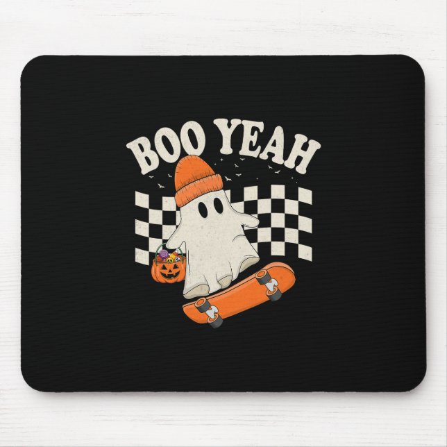 Boo Yeah Ghost Skateboarding Funny Halloween Ghost Mousepad (Vorne)