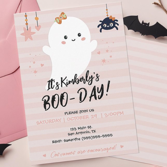 BOOday Kawaii Ghost Halloween Einladung (Cute Pink Boo-day Halloween Birthday Party Invitation)