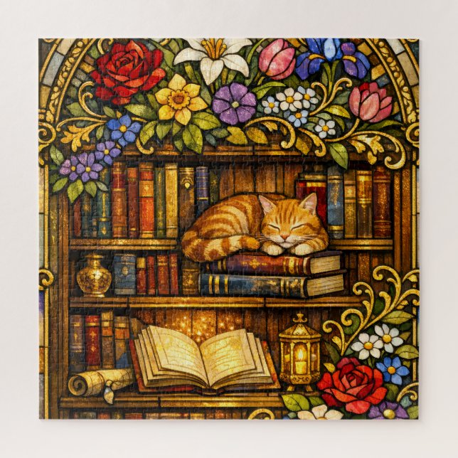 Book and Sleeping Cat Lovers Faux Stain Glass Puzzle (Vertikal)