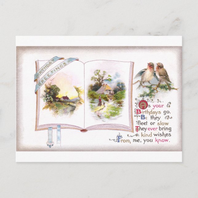 Book & Birds Vintag Birthday Card Postkarte (Vorderseite)