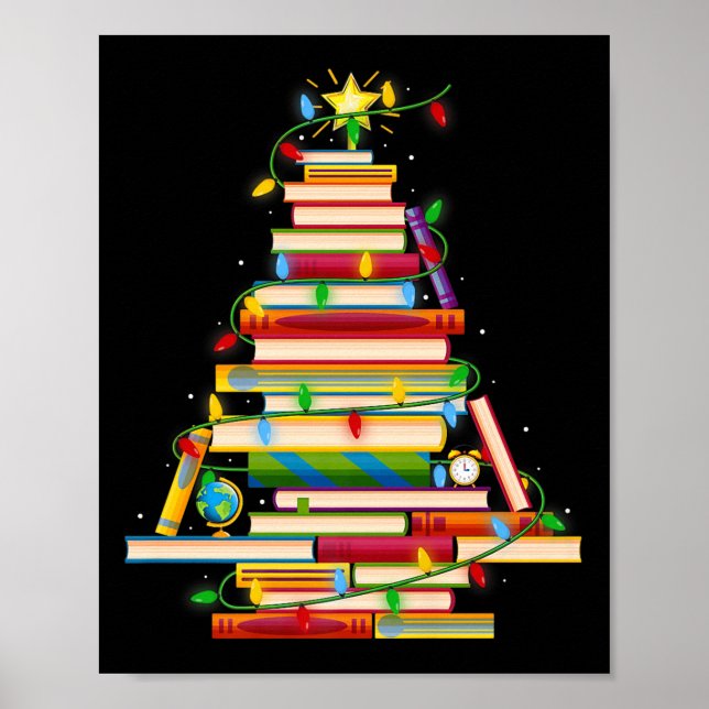 Book Christmas Tree Lights Book Lover Librarian Te Poster (Vorne)