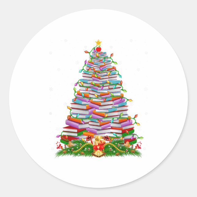 Book Christmas Tree Lights Book Lover Teacher Libr Runder Aufkleber (Vorderseite)