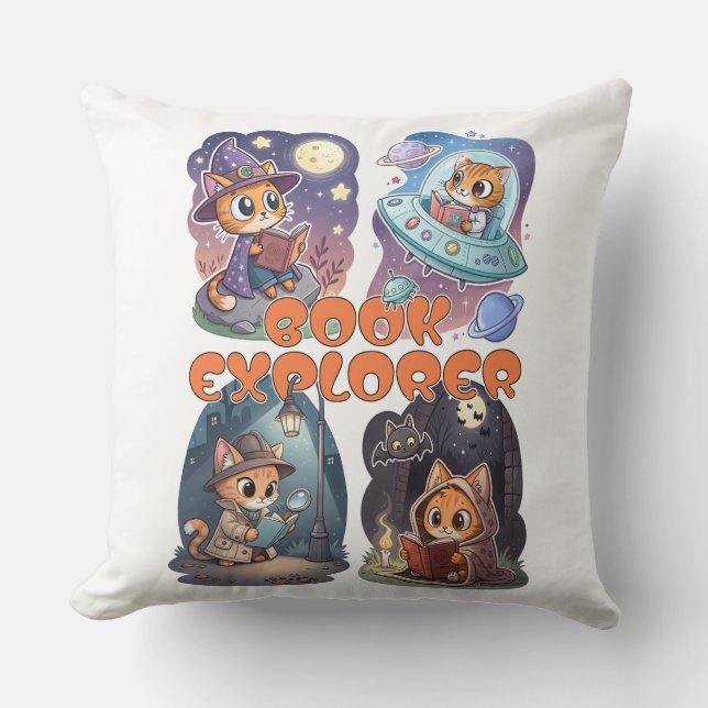 Book Explorer – Cute Cat Reading Adventure Kissen (Vorderseite)