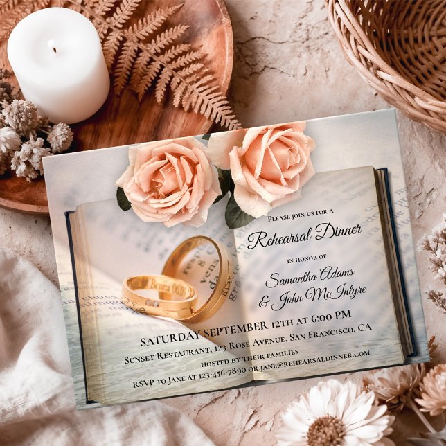 Book Lovers Rose Probe Abendessen Einladung (Rehearsal Dinner invitation with a book theme featuring roses and wedding rings on a book )
