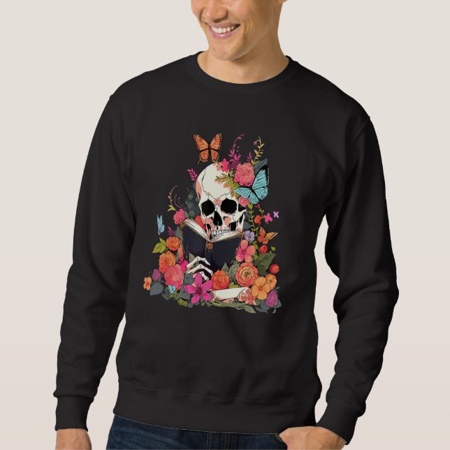 Book Reading Skull Skeleton Flowers Floral Bookish Sweatshirt (Vorderseite)