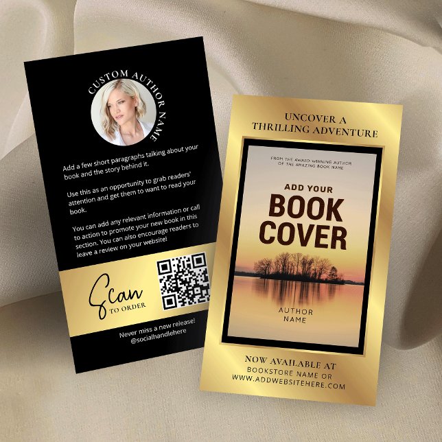 Book Release Author Foto Marketing Black & Gold Visitenkarte (Black & Gold book launch marketing business cards with custom book cover and QR code on the back)