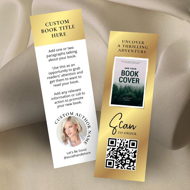 Book Release Author Foto Mini Gold Lesezeichen Car Mini Visitenkarte (White and faux gold 3x1 MINI bookmarks - great to promote your new book release)