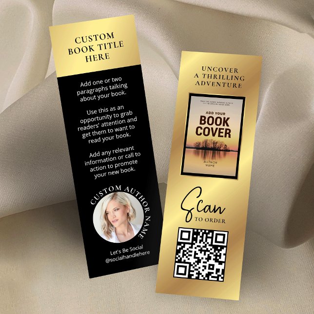Book Release Author Foto Mini Gold Lesezeichen Car Visitenkarte (Elegant gold effect book release marketing bookmark cards with your author photo and custom text)