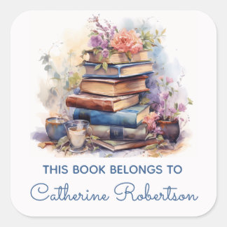 Book Stack This Book belongs to Name Bookplate Quadratischer Aufkleber