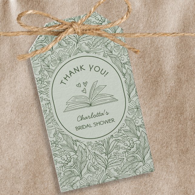 Book Theme Green Floral Literary Bridal Shower Geschenkanhänger (Book Theme Green Floral Literary Bridal Shower Gift Tags)