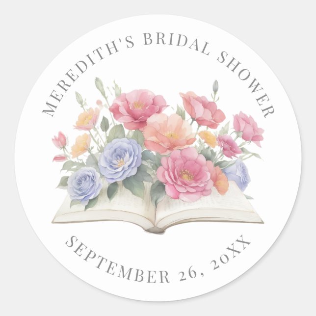 Book Watercolor Floral Bridal Shower Runder Aufkleber (Vorderseite)