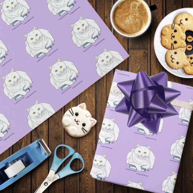 Book White Cat Lila Funny Geschenkpapier (Von Creator hochgeladen)
