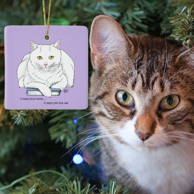 Book White Cat Lila Funny Keramikornament (Von Creator hochgeladen)