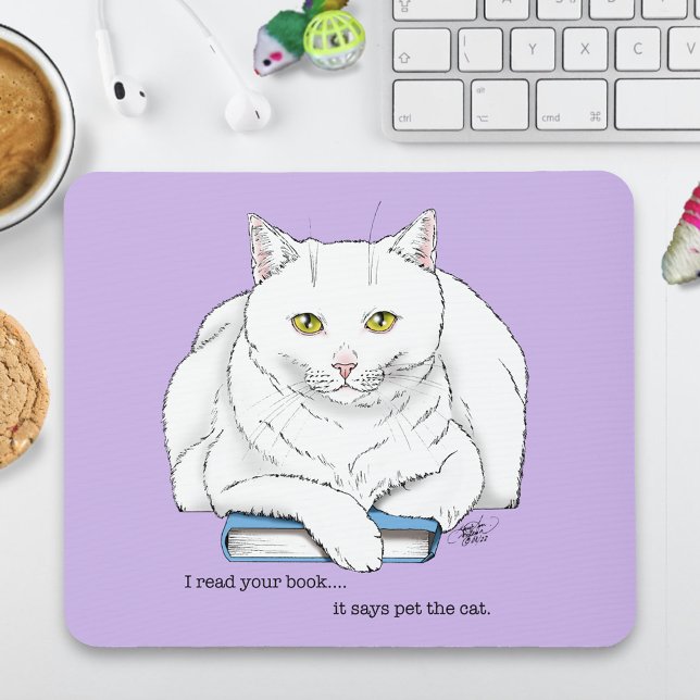 Book White Cat Lila Funny Mousepad (Von Creator hochgeladen)