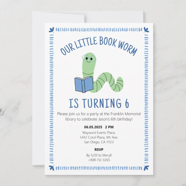 Book Worm Reading Lover Birthday Party Invite Einladung (Vorderseite)