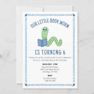 Book Worm Reading Lover Birthday Party Invite Einladung